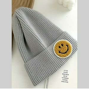 Ribbed knit beanie hat with smiley face, NWT